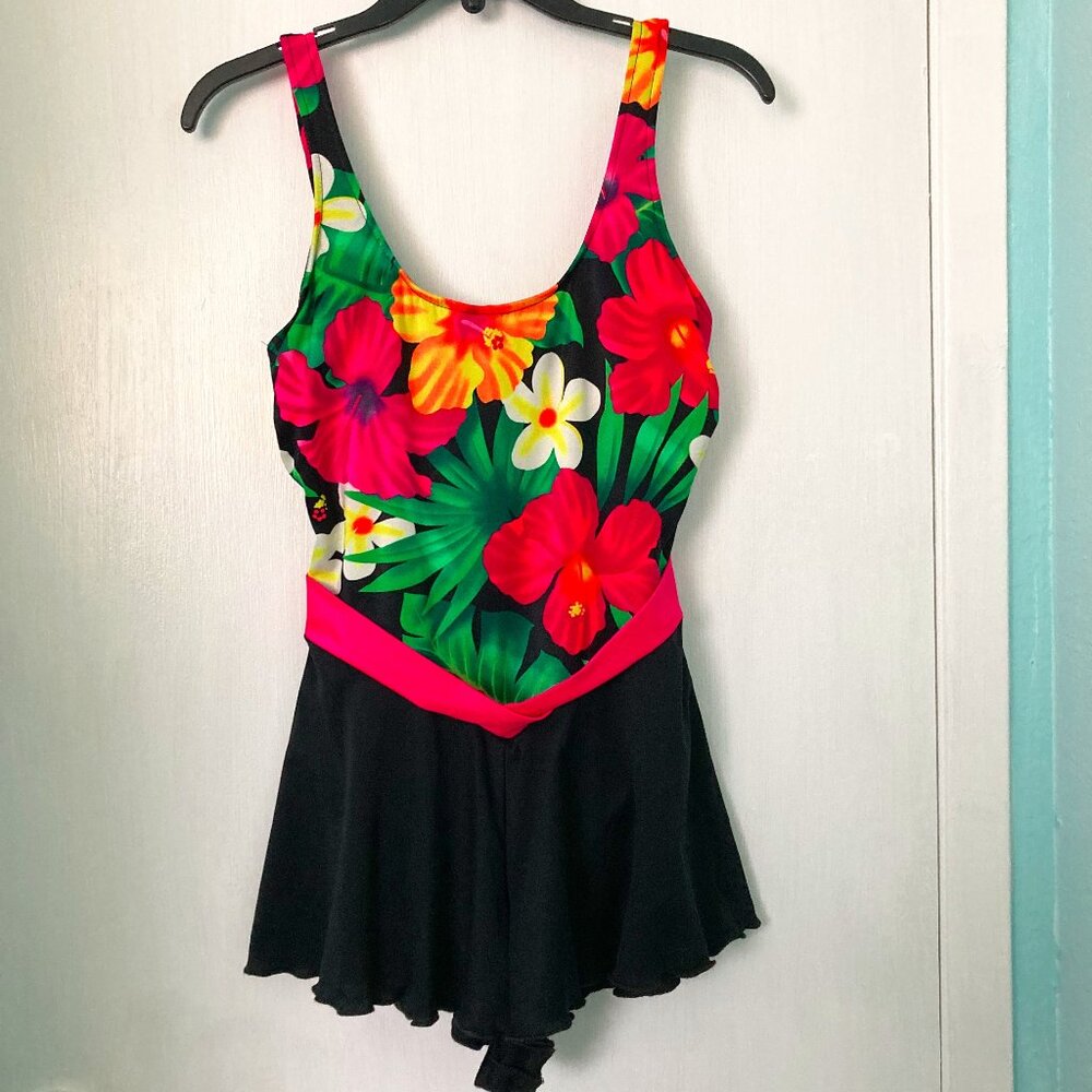 Basic Editions 13/14 Floral/Black Swim Suit 1 PC EUC